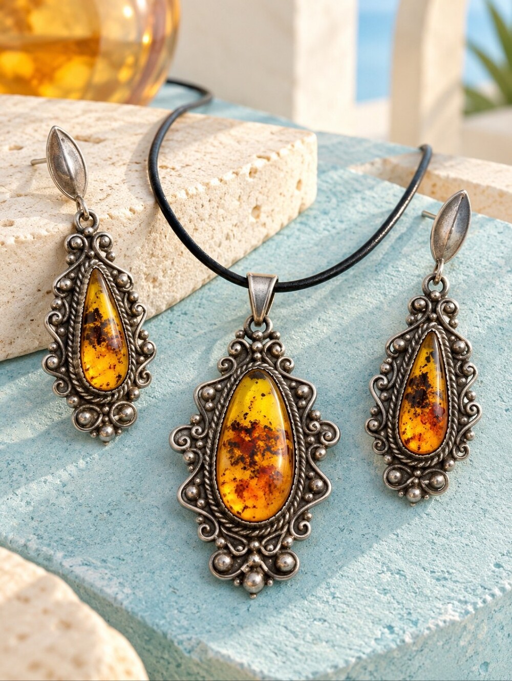 Vintage Mexico 925 Sterling Silver Amber Pendant Earrings Set Artisan
